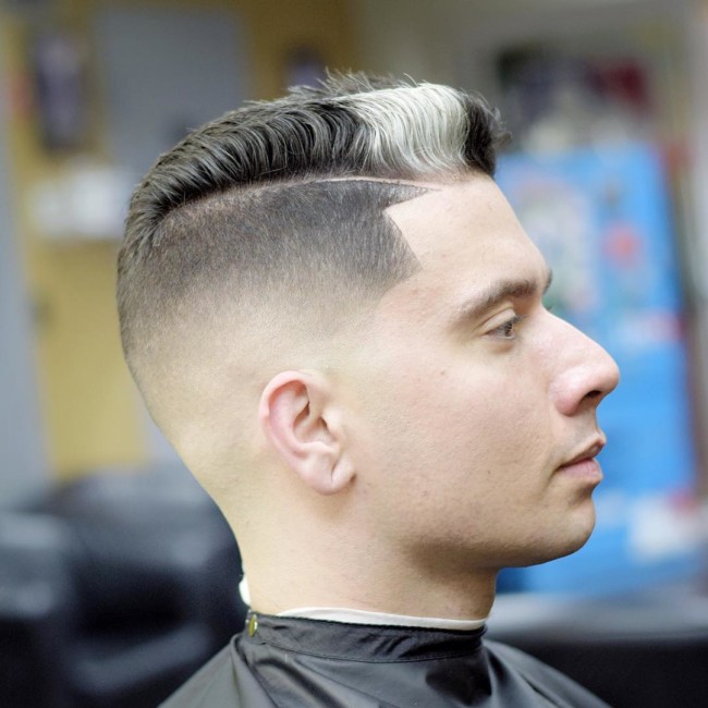 Low Side Part Pompadour + Mid Bald Fade - Men's Haircuts