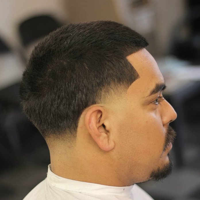 Crew cut + fade at temples and neck + Lines