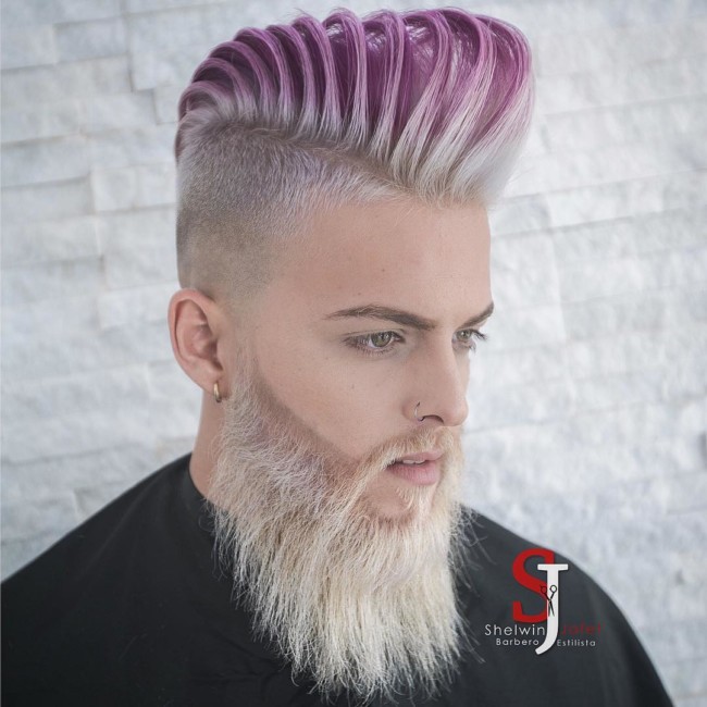  High Textured Pompadour + Color + Full beard - Men's Haircuts