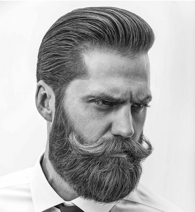 Pompadour + Full Beard + Long Mustache - Men's Haircuts