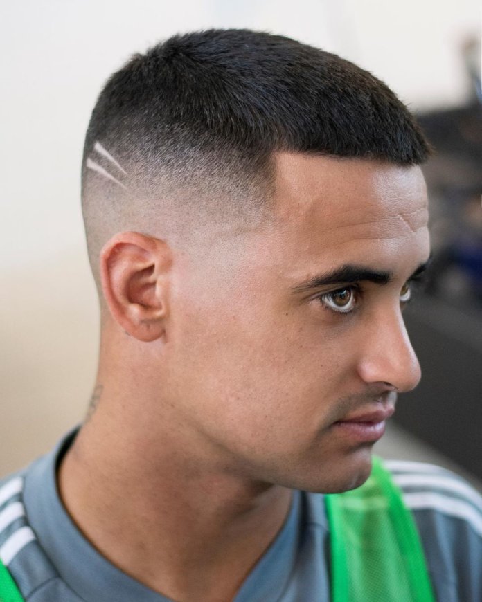 Crew cut + high fade + Signature double stripe