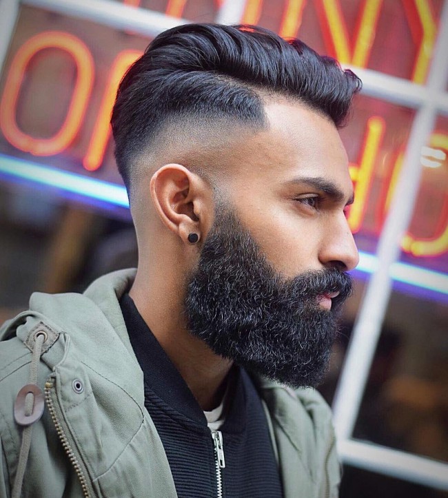 Side part + Skin Fade + Full beard